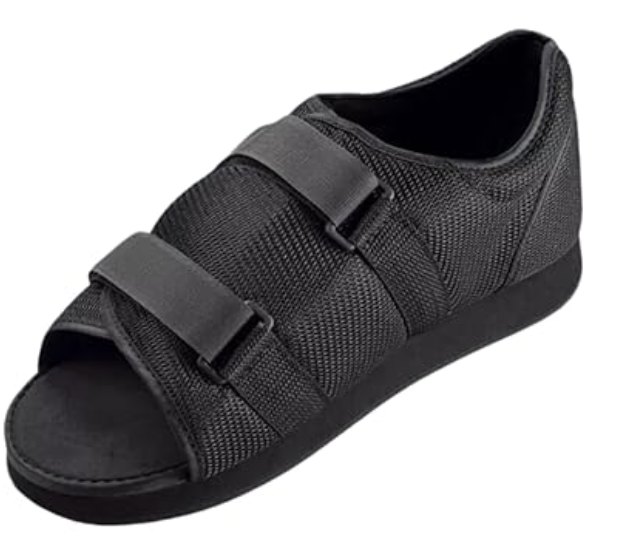 Zapato postoperatorio de suela plana y rígida, con puntera abierta y cierres de velcro